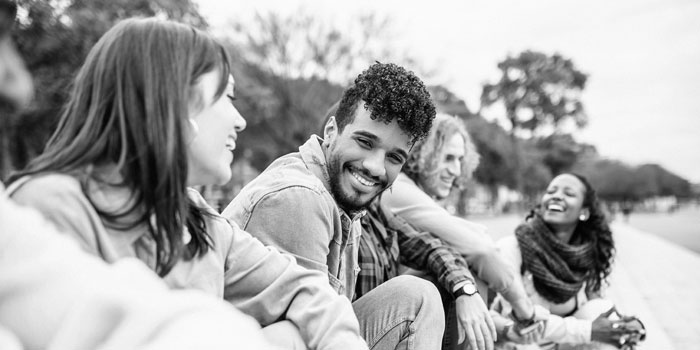 Interns talking outside